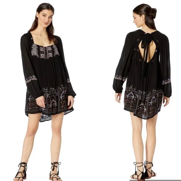 Free People | Rhiannon Embroidered Mini Dress | Black | Xs Dresses